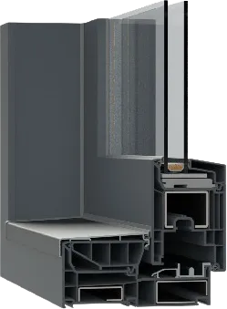Comfort Slide Plus profilinin antrasit renkli kesiti: odacıklar, conta yuvası ve cam yatağı görünüyor